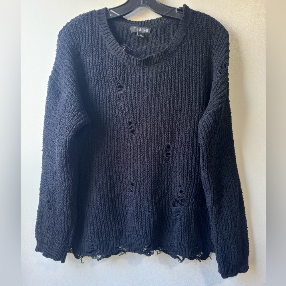 Timing Black Crew Neck Sweater with Distressed Details